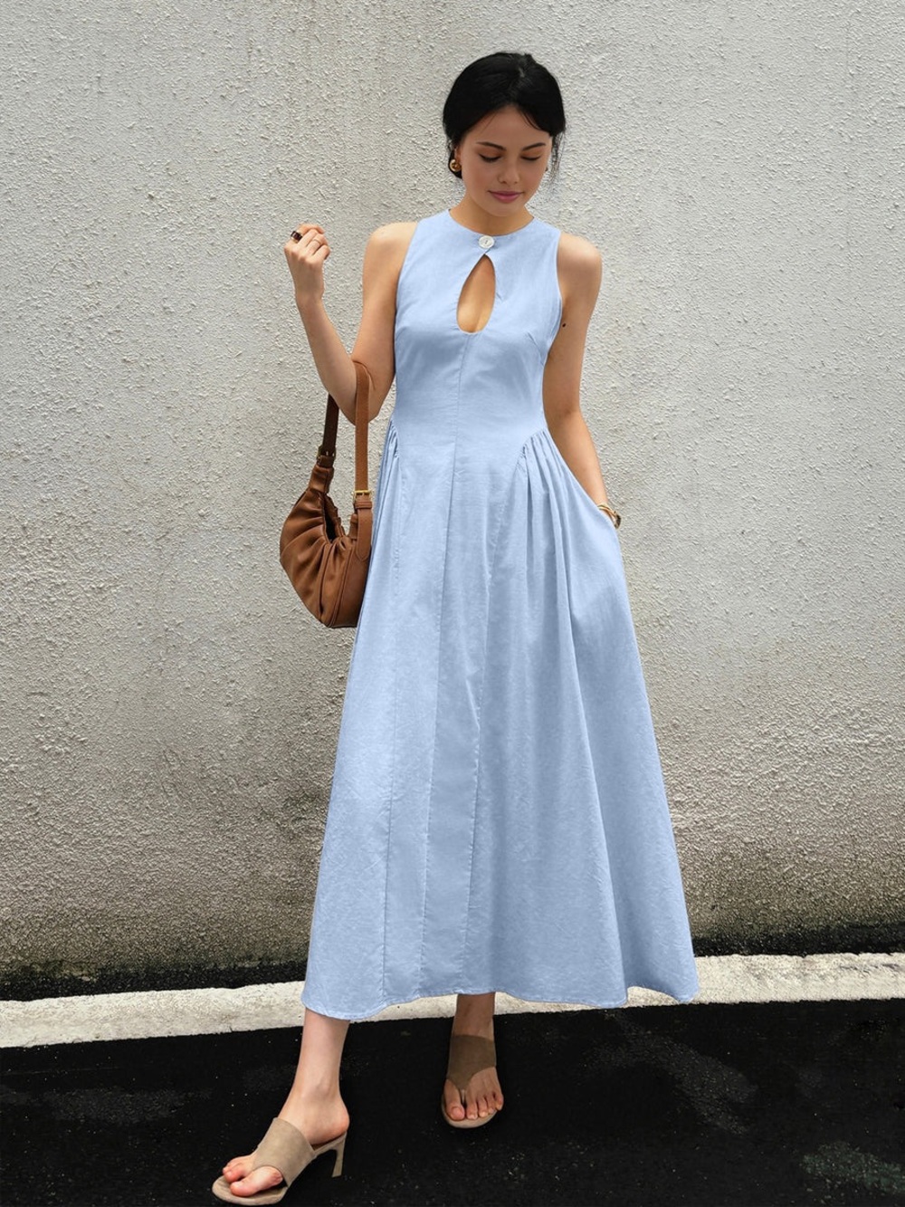 Commense Light Blue Midi Dress with Full Skirt with pockets - Picture 2 of 3